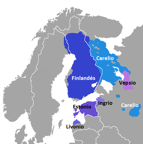 Distribución de los idiomas fino-báltico. El Finlandés se habla en la mayoría de Finlandia, aunque menos en unas franjas oestes (donde se habla más el sueco) y en el norte extremo. Al este de Finlandia de habla se Carelio una zona geográfica bastante grande, y más al este y al sur se habla el Vepsio. En Estonia se habla el Estonio, y al este se habla el ingrio en una parte pequeña de Rusia.