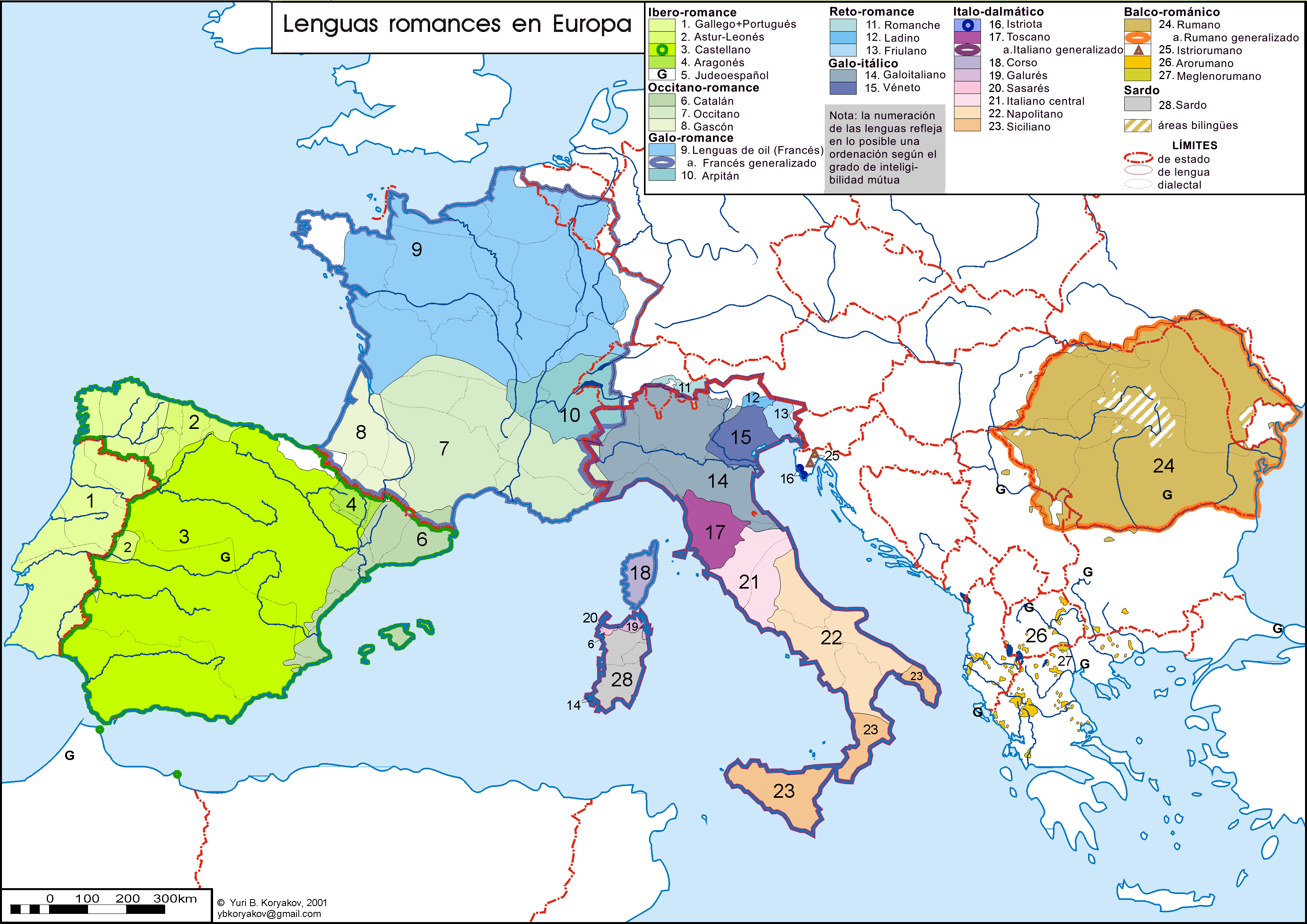 Distribución de idiomas romances. Se divide en 8 grupos, ordenado según su grado de inteligibilidad mútua,: Ibero-romance (Ibérica), Occitano-romance (sur de Francia y este de España), Galo-romance (norte-centro de Francia), Reto-romance (pequeñas partes del sur de Suiza/este de Italia), Galo-itálico (norte de Italia), Italo-dalmático (centro-sur de Italia, incluye Córsica), Balco-románico (principalmente Rumanía, Moldavia y algunos sitios en vecinos), y Sardo (Sardinia)